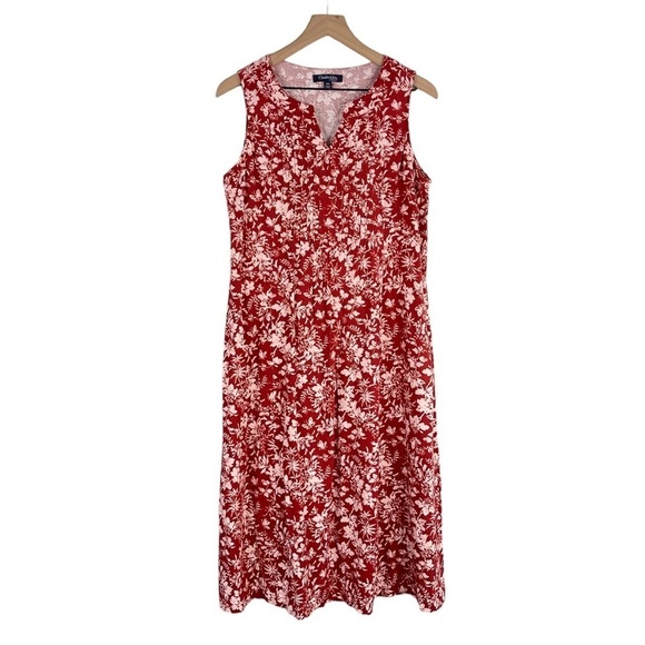 Chadwicks of Boston Dress Medium PETITE Red Floral Print Washable Linen Midi - Picture 1 of 9